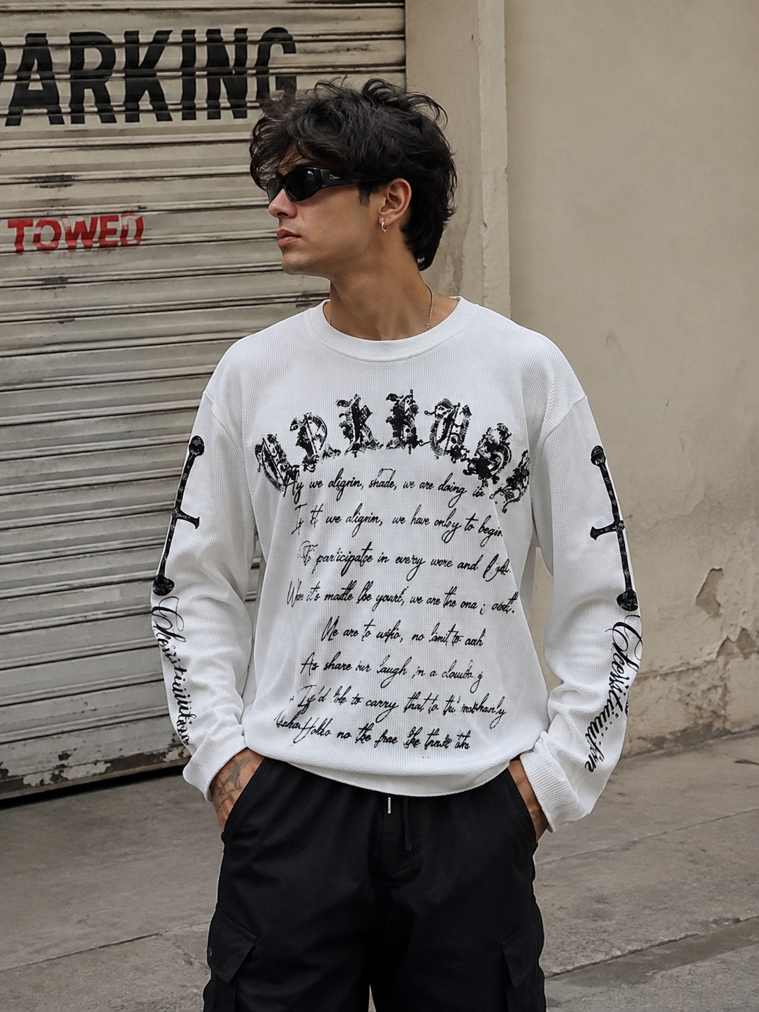 Noctra Oblique Waffle Long Sleeve Oversized T-Shirt | White