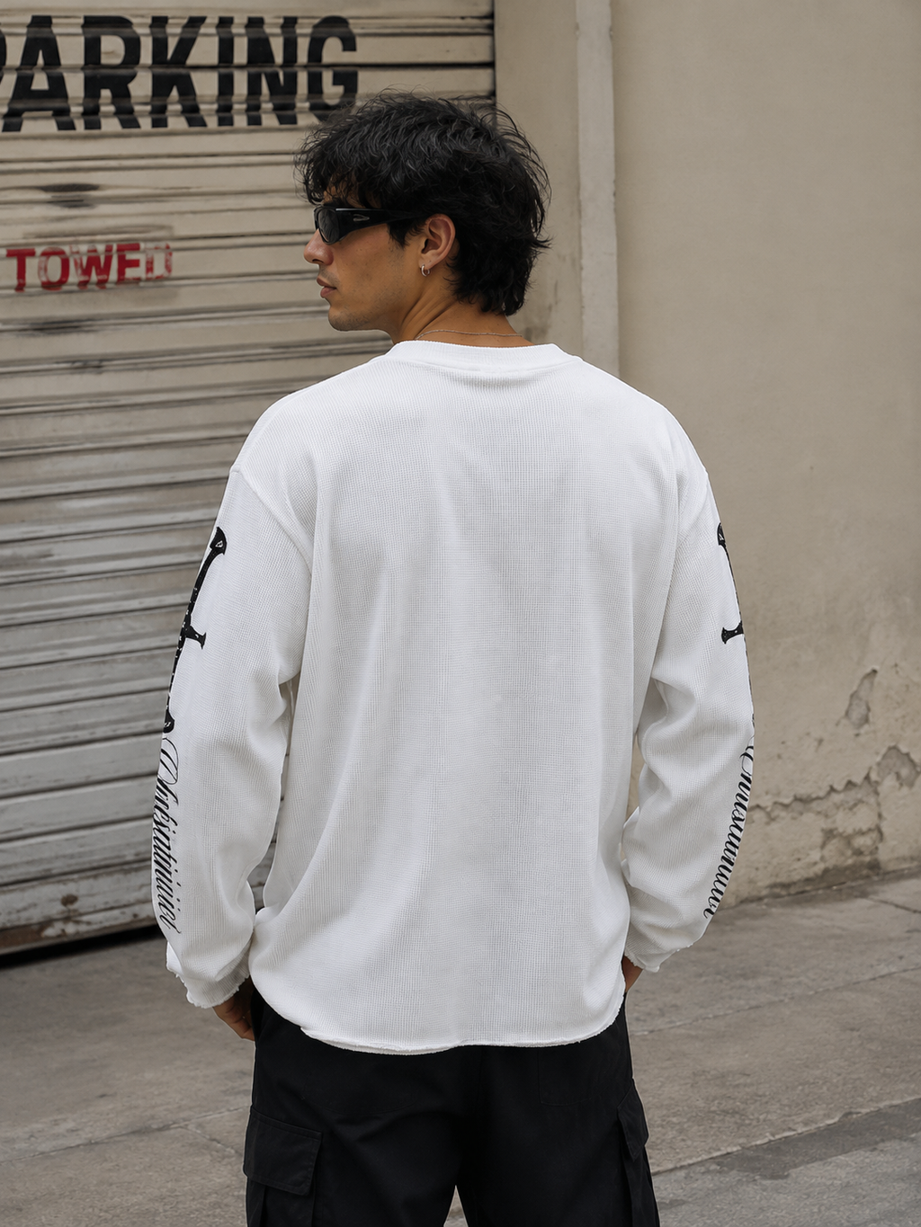 Noctra Oblique Waffle Long Sleeve Oversized T-Shirt | White